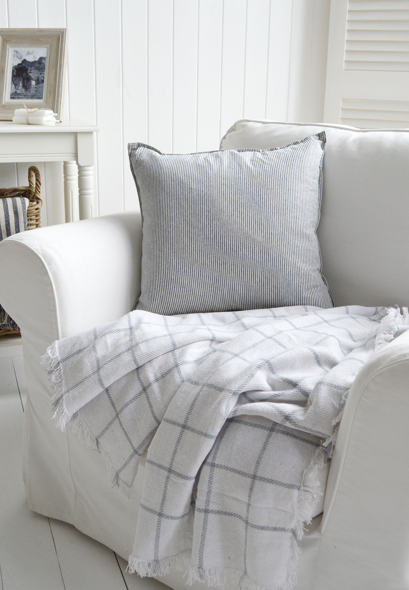 New England interiors in greys, blues and whites