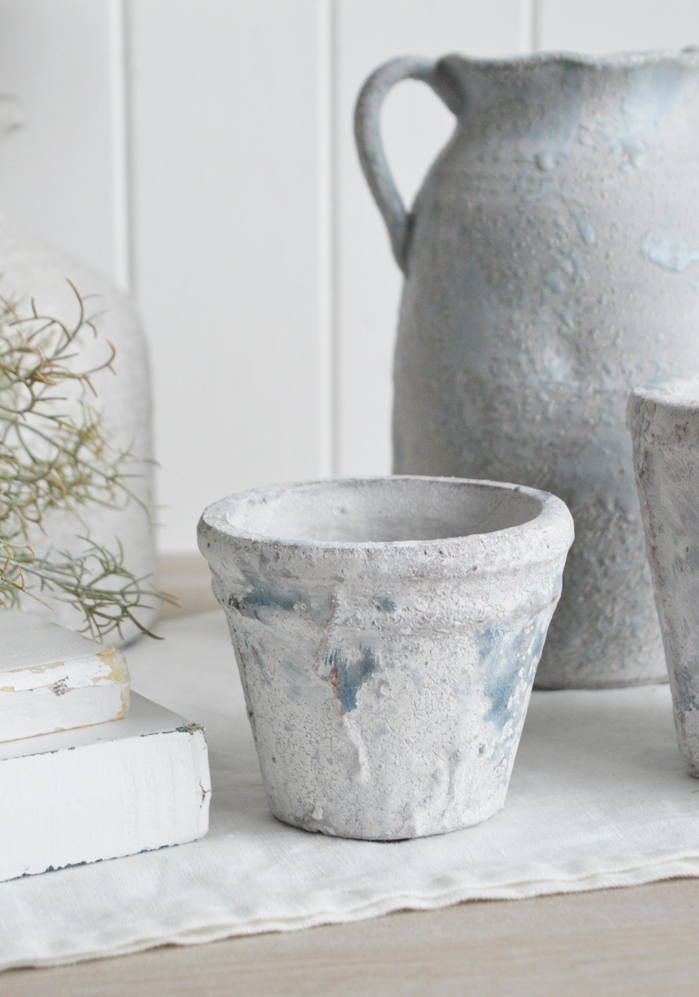 Orrington range of smokey blue rustic terracotta pots and vase for styling Hamptons, New England and modern country home interiors