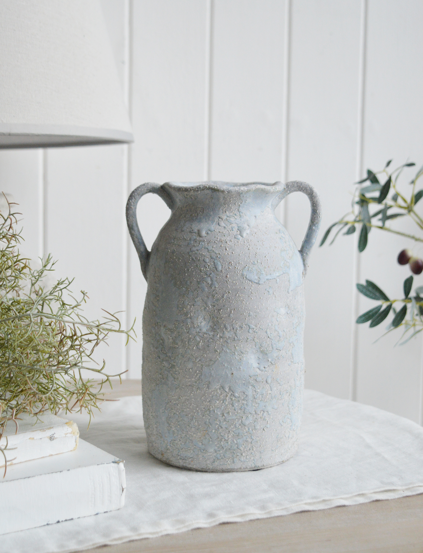 Orrington range of rustic terracotta pots and vase in smokey blue for styling Hamptons, New England and modern country home interiors