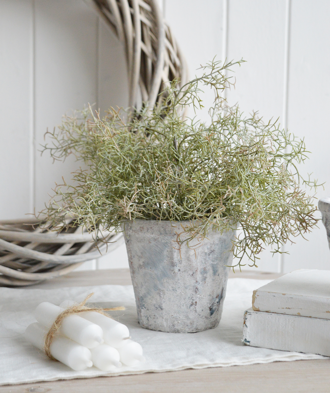 Orrington range of rustic terracotta pots and vase in smokey blue for styling Hamptons, New England and modern country home interiors