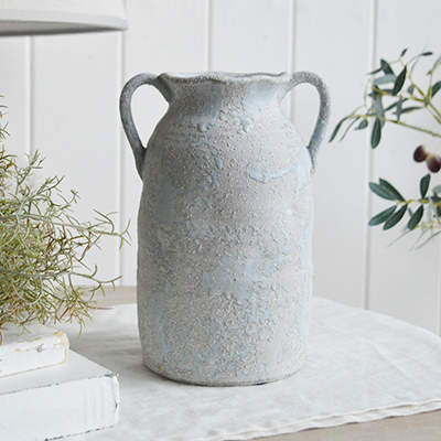 Orrington range of rustic terracottas in an aged glazed smokey blue finish for styling Hamptons, New England and modern country home interiors