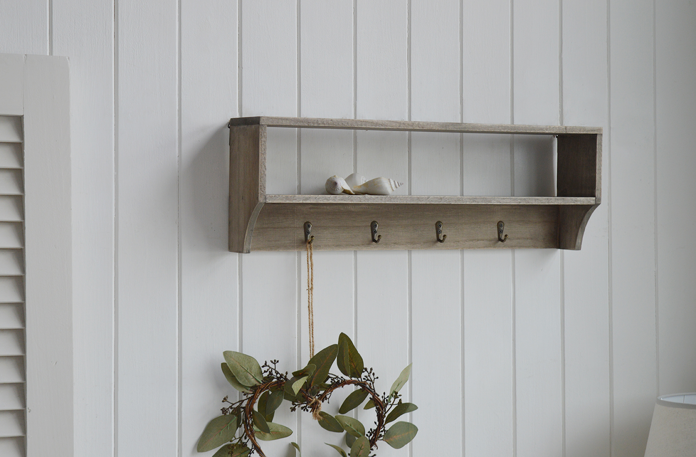 Pawtucket Grey Wall Shelf with Hooks Hall Coat Storage from The White Lighthouse