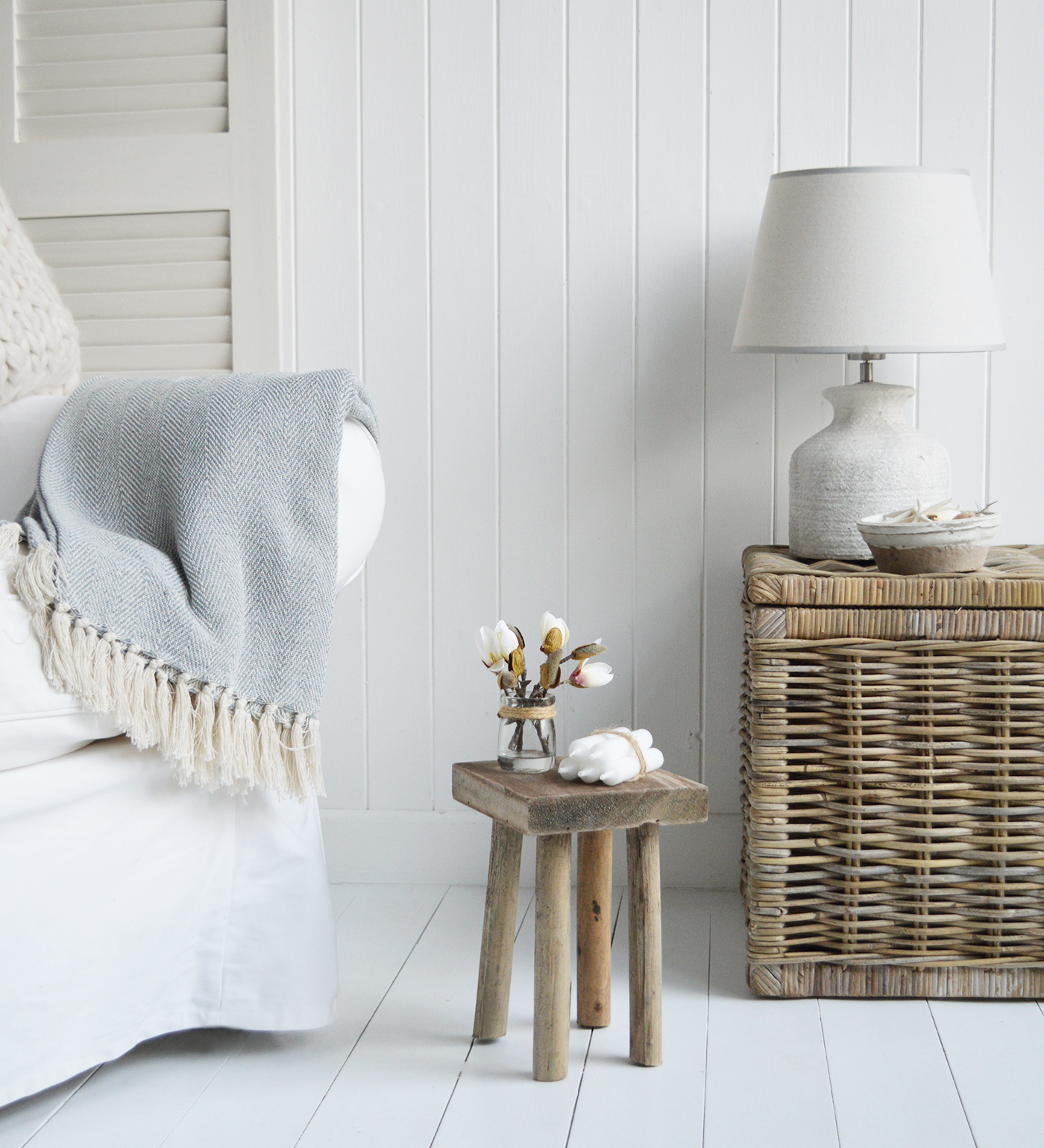 Pawtucket Grey Wooden round Stool Side Table, milking stool for Hamptons, coastal and country interiors