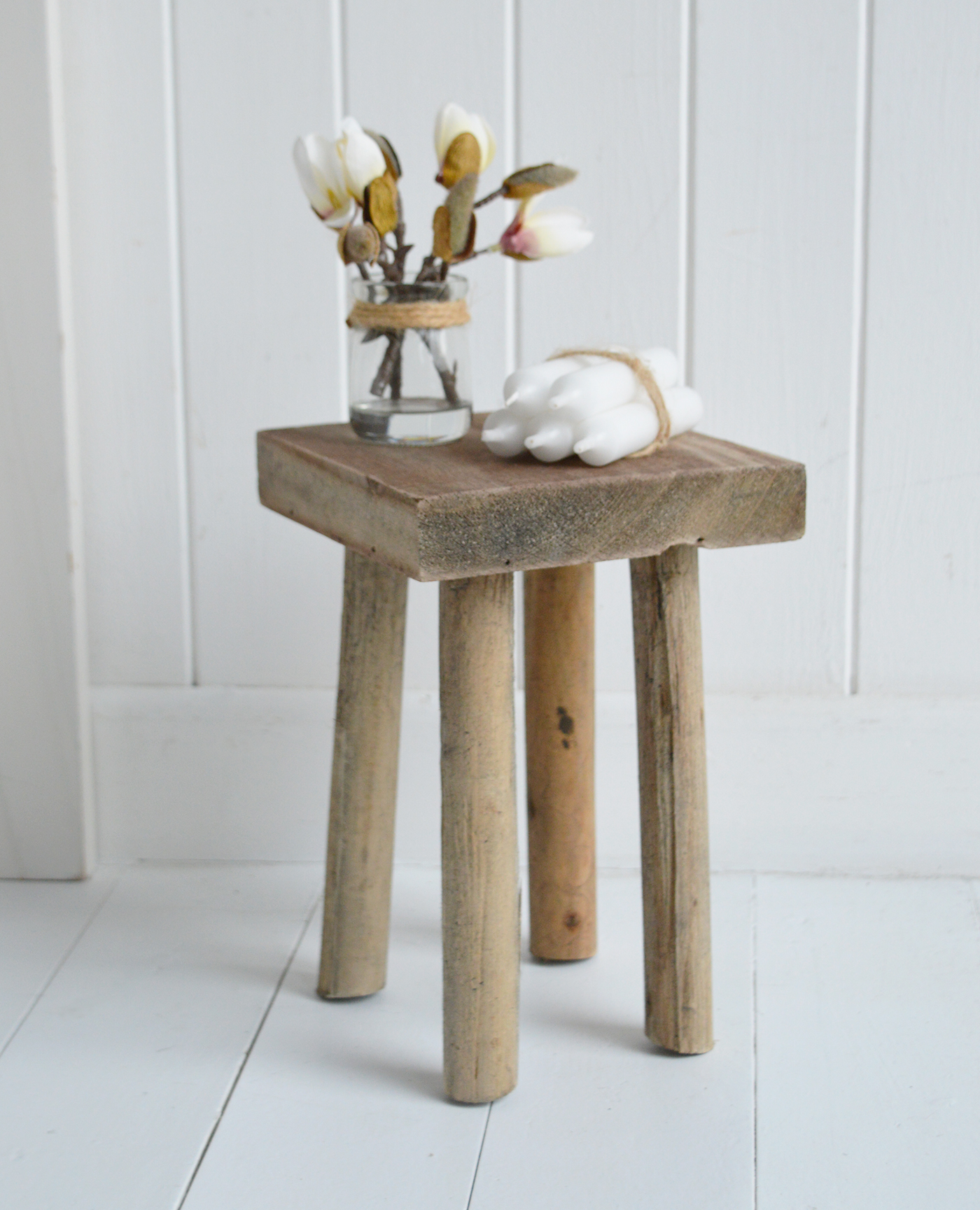 Pawtucket Grey Wooden round Stool Side Table, milking stool for coastal, modern farmhouse and country interiors