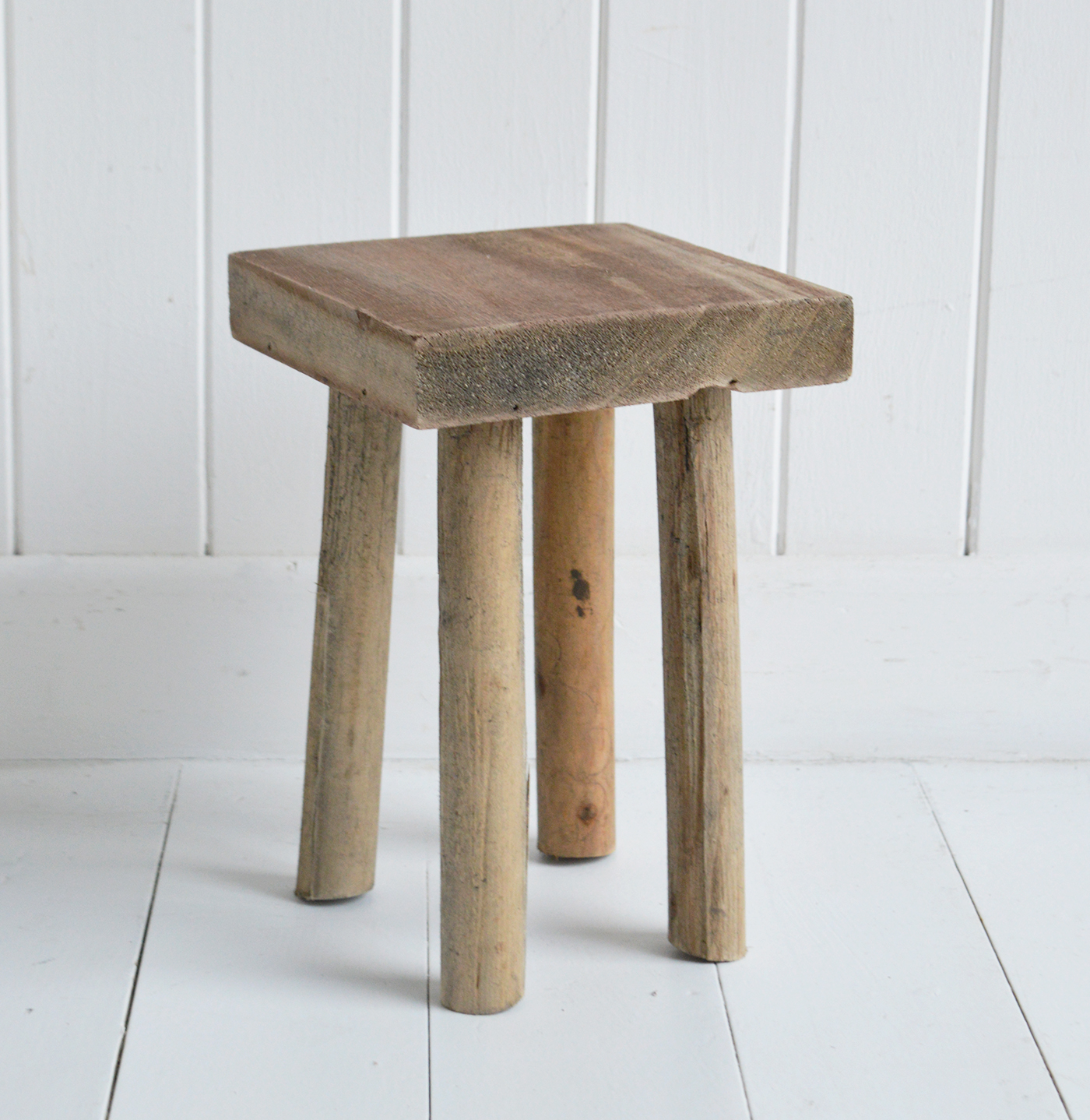 Pawtucket Grey Wooden round Stool Side Table, milking stool for New England coastal and country interiors