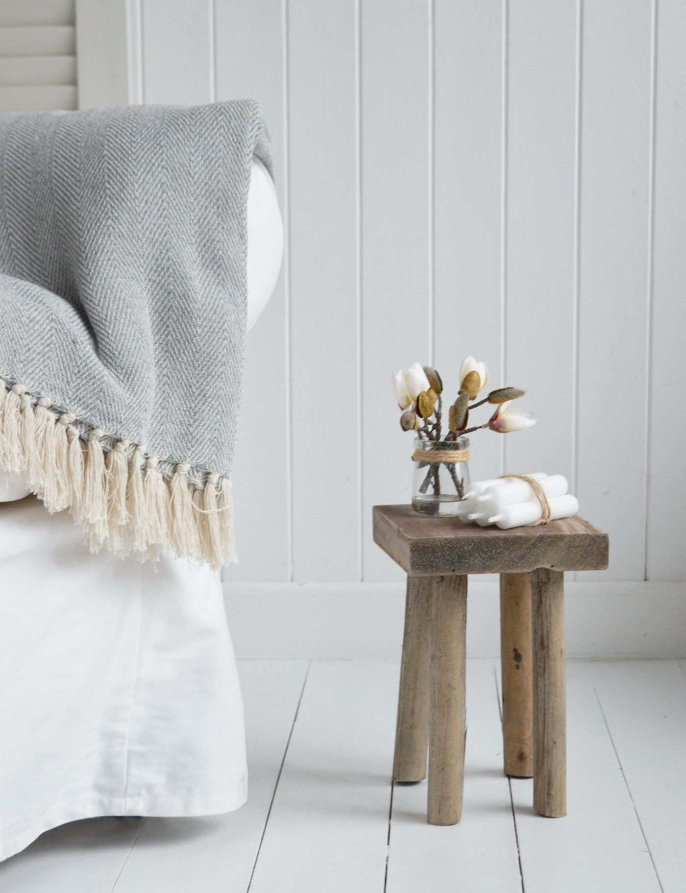 Pawtucket Grey Wooden round Stool Side Table, milking stool for coastal and country interiors