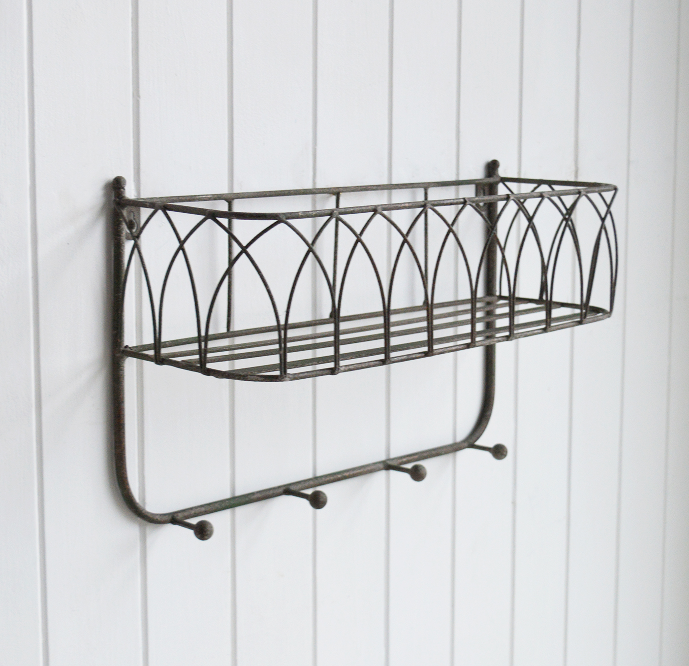 This rustic aged metal shelf with hooks is a perfect blend of function and charm, ideal for Hamptons, Coastal, and Farmhouse homes and interiors