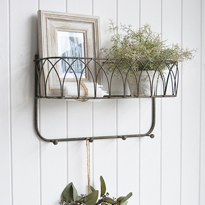 Chesterville rustic aged metal shelf with hooks brings timeless charm and practical storage to any Hamptons, Coastal, or Farmhouse-style homes and interior