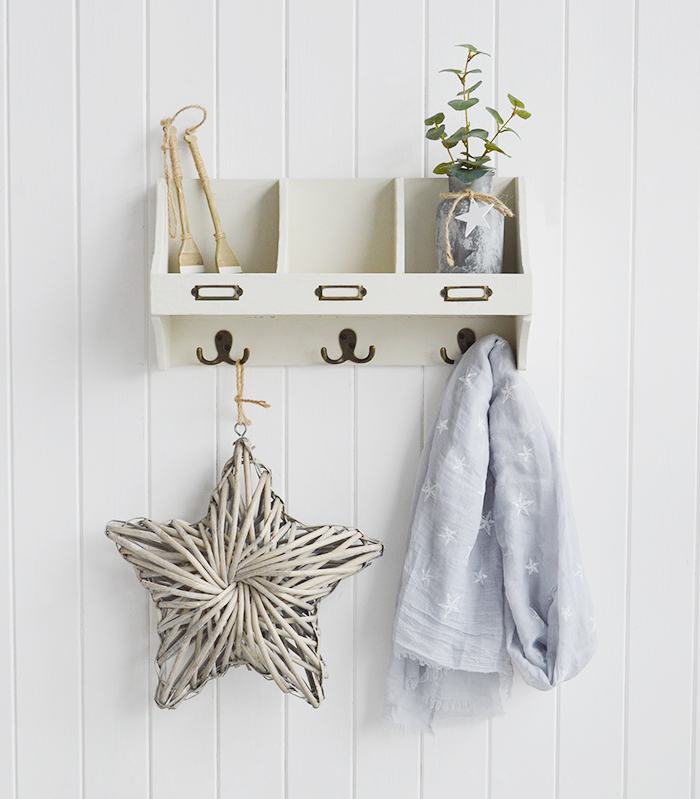 White Wooden Wall Shelf with Hooks Hall Coat Storage from The White Lighthouse