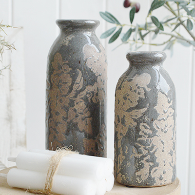 Swanville Vintaged bottles in smokey blue glaze and grey rustic stone for New England, Country and coastal home interior decor and styling