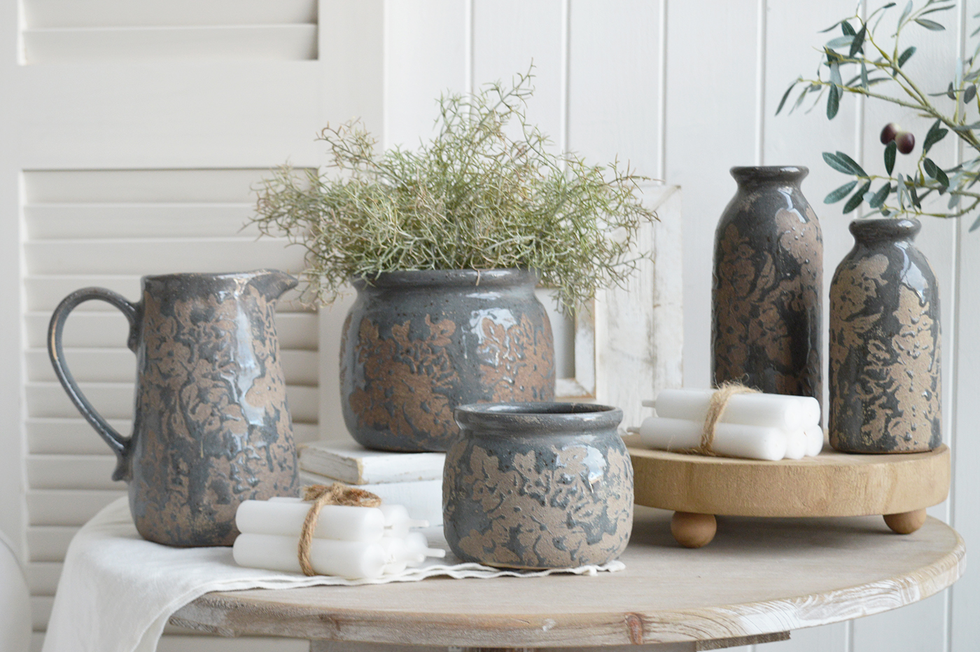 The Swanville range of ceramics in smokey blue for styling New England farmhouse, country and coastal home interiors 