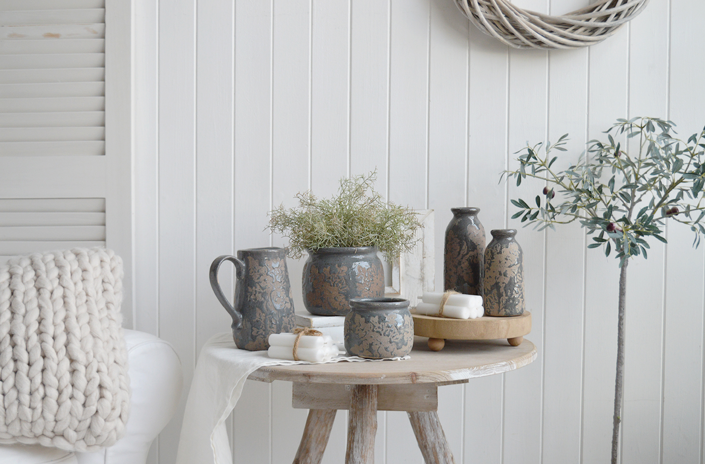 The Swanville range of ceramics in smokey blue for styling New England farmhouse, country and coastal home interiors 