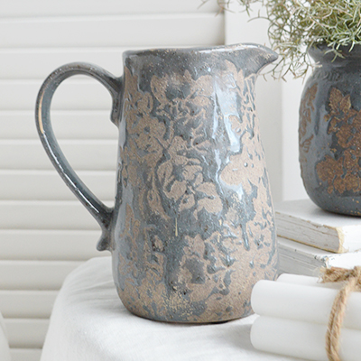 Swanville Vintaged jug pitcher vase in smokey blue glaze and grey rustic stone for New England, Country and coastal home interior decor and styling