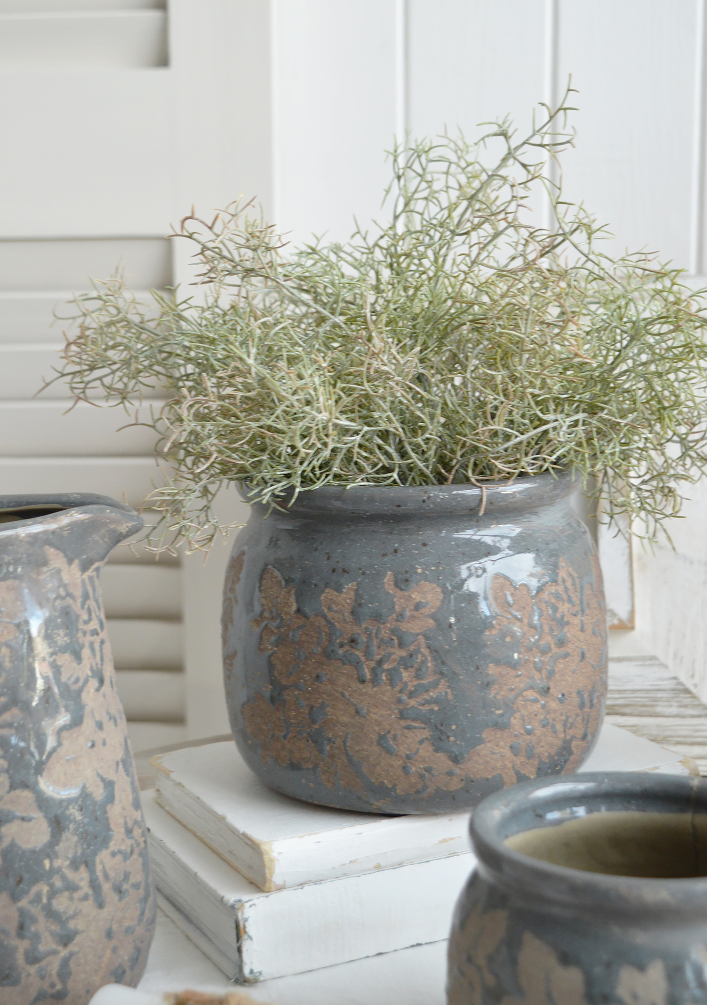 The Swanville range of ceramics in smokey blue for styling New England farmhouse, country and coastal home interiors  - large plant pot