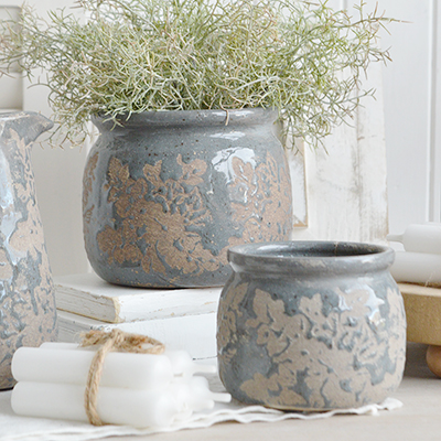 Swanville Vintaged pots in smokey blue glaze and grey rustic stone for New England, Country and coastal home interior decor and styling