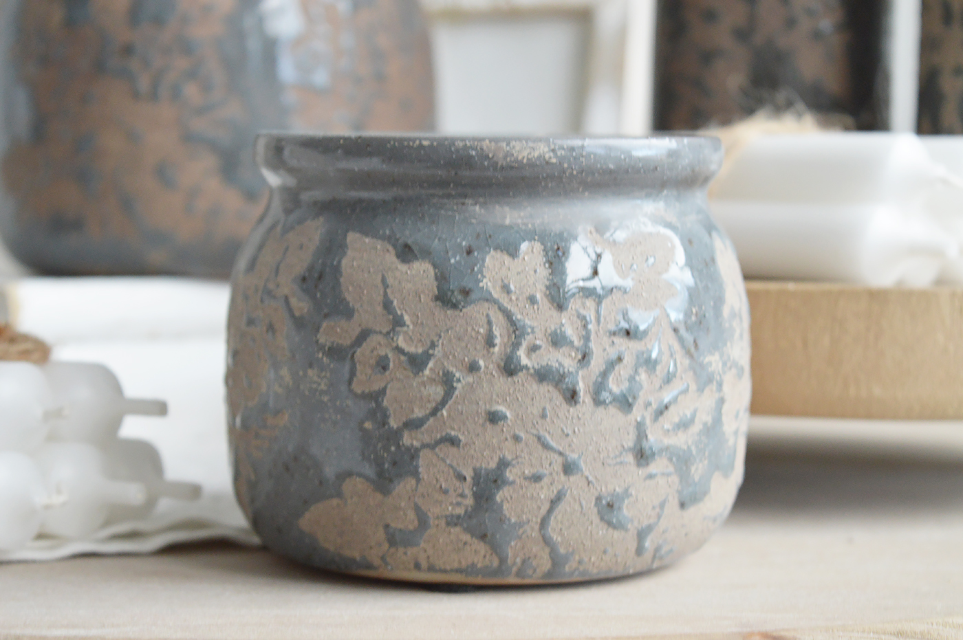 The Swanville range of ceramics in smokey blue for styling New England farmhouse, country and coastal home interiors  - small plant pot filled