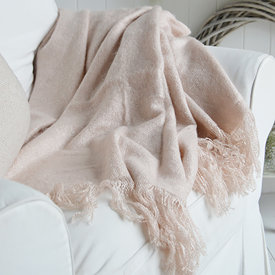 The White Lighthouse. New England Style White Furniture and accessories for the home. Coastal, country and modern farmhouse interiors and furniture. Whitefield pale pink throw