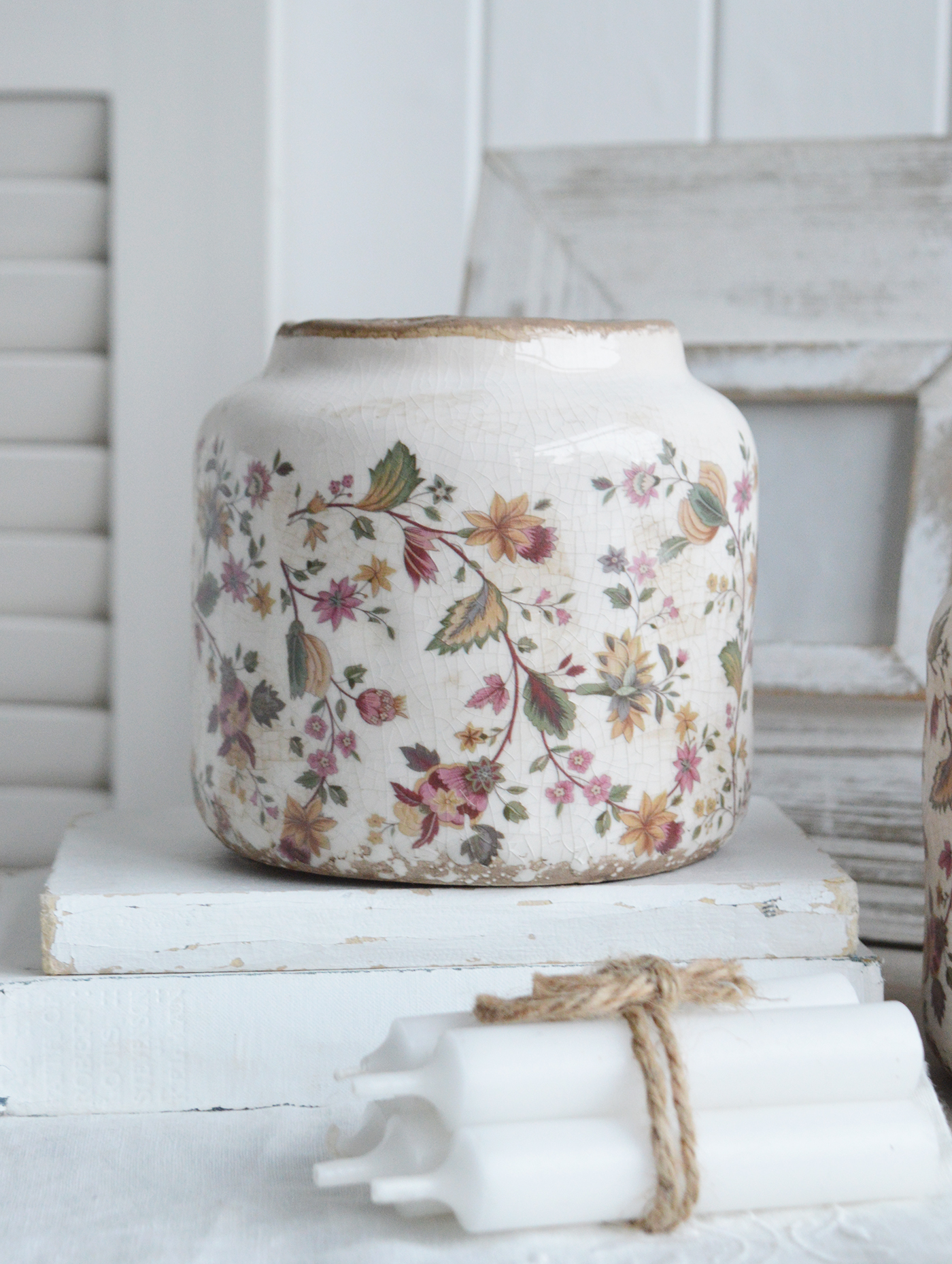 Unity Vintaged pots in a blend of earthy pinks and greens, adorned with delicate floral patterns that evoke timeless charm for New England, Country and coastal home interior decor and styling