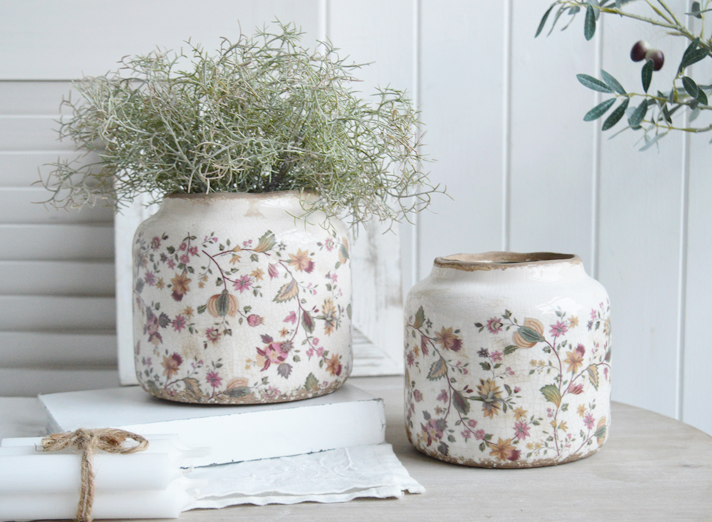 Unity Vintaged pots in a blend of earthy pinks and greens, adorned with delicate floral patterns that evoke timeless charm for New England, Country and coastal home interior decor and styling