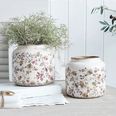 Unity Vintaged pots in a blend of earthy pinks and greens, adorned with delicate floral patterns that evoke timeless charm for New England, Country and coastal home interior decor and styling