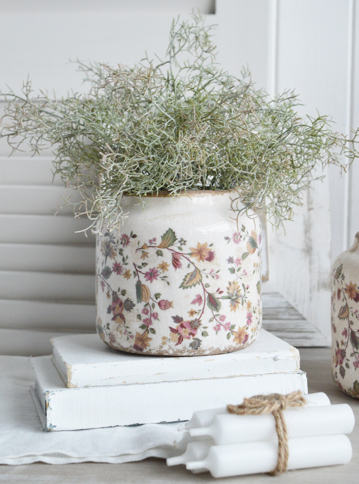 Unity Vintaged pots in a blend of earthy pinks and greens, adorned with delicate floral patterns that evoke timeless charm for New England, Country and coastal home interior decor and styling