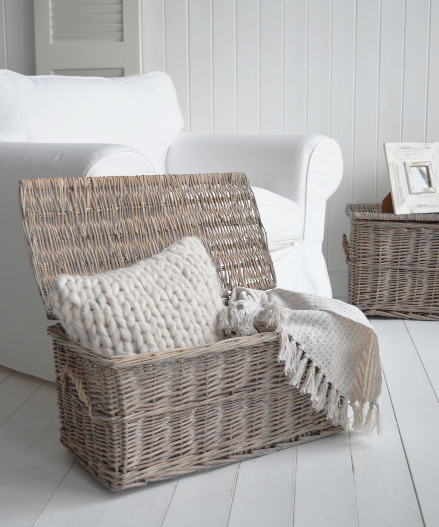 The woven surface makes a beautiful lamp stand—soft lighting and natural texture meeting relaxed shoreline simplicity.