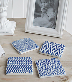 Set of 4 blue and white geometric coaster tiles from The White Lighthouse