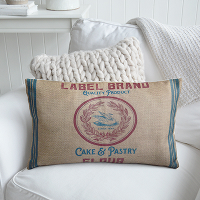 The Belmont Cushion brings rustic character and timeless charm to your home with its vintage flour-sack print and woven hessian texture, perfect for farmhouse, coastal, and New England interiors