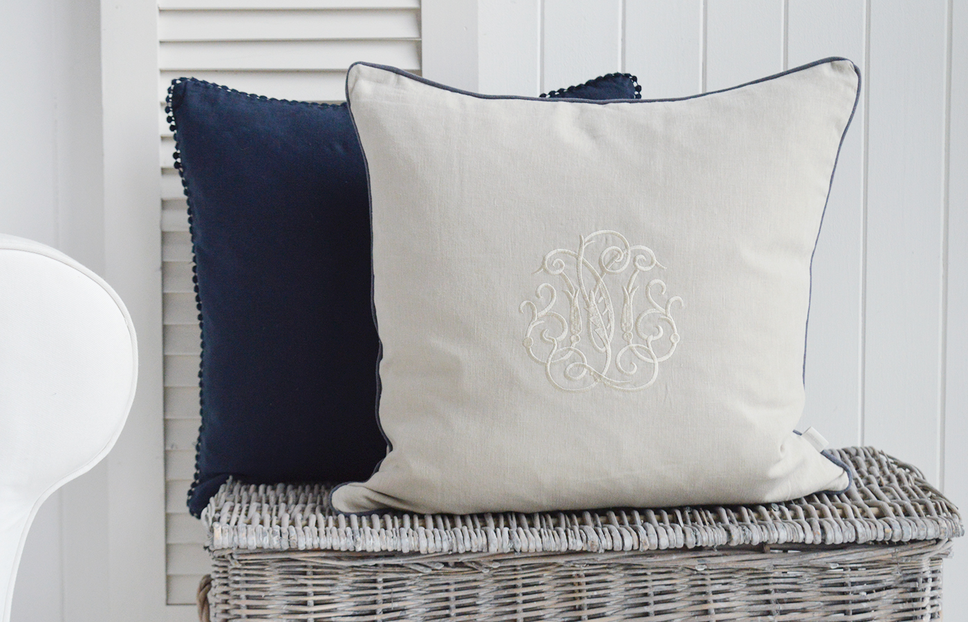 New England Style cushions for modern country, farmhouse and Coastal .  White and coastal furniture for homes and interiors. Richmond 100% stonewashed natural Linen Feather Filled Cushion with navy piping
