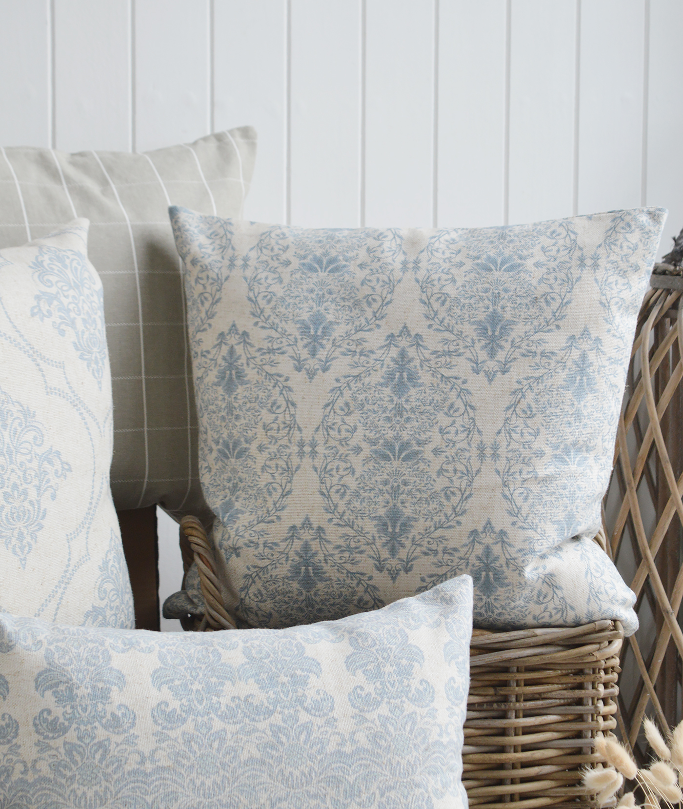 Bristol Ornate soft blue cushions - Luxury New England style cushions. Country, coastal and Modern Farmhouse homes and interiors