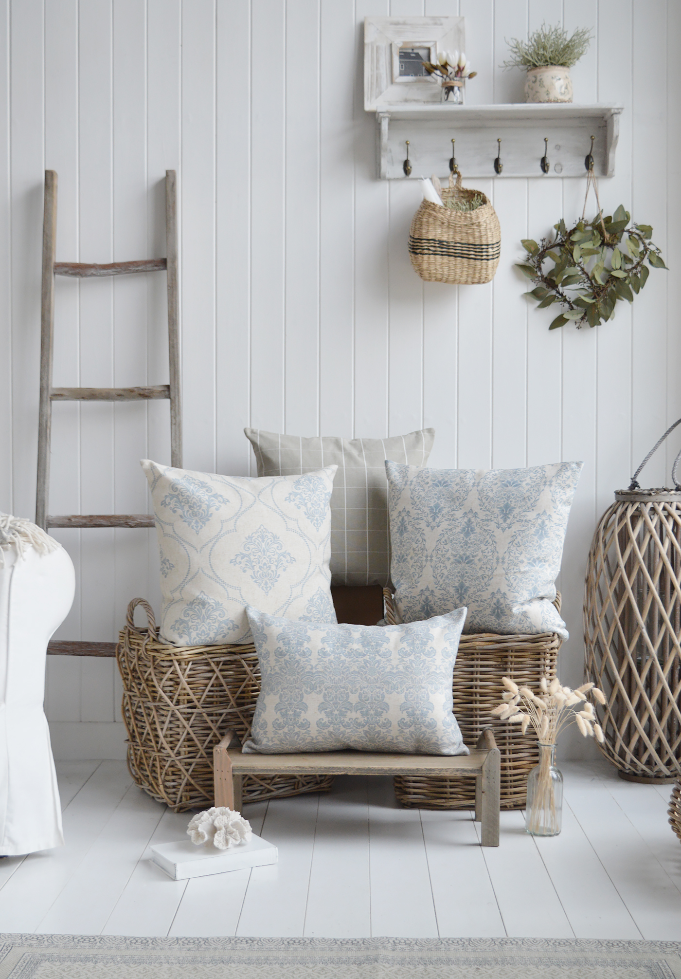 Bristol Ornate soft blue cushions - Luxury New England style cushions. Country, coastal and Modern Farmhouse homes and interiors