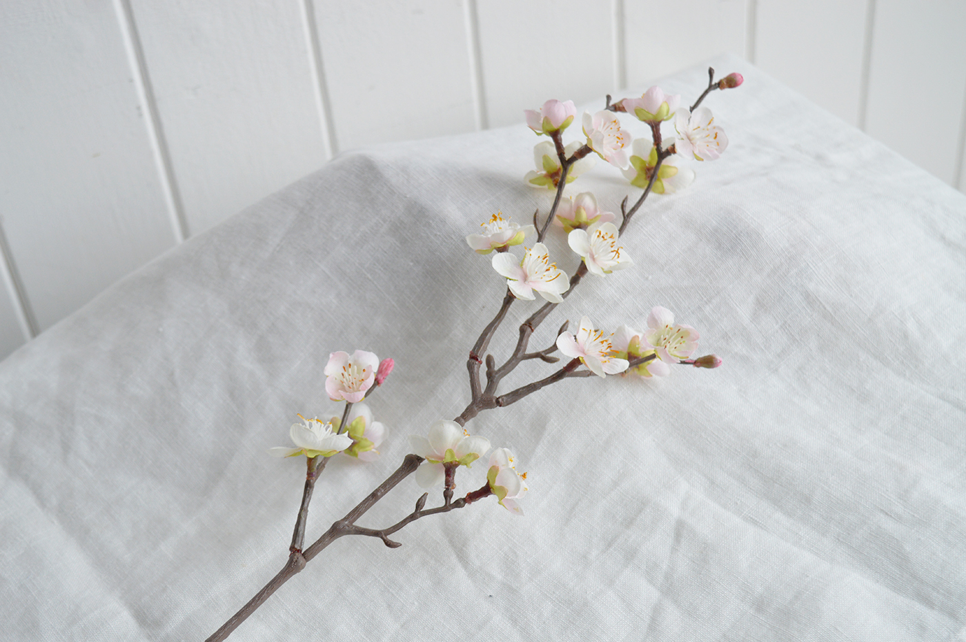 Faux blossom srpay stem for styling a peaceful and serene timeless New England interior for farmhouse homes