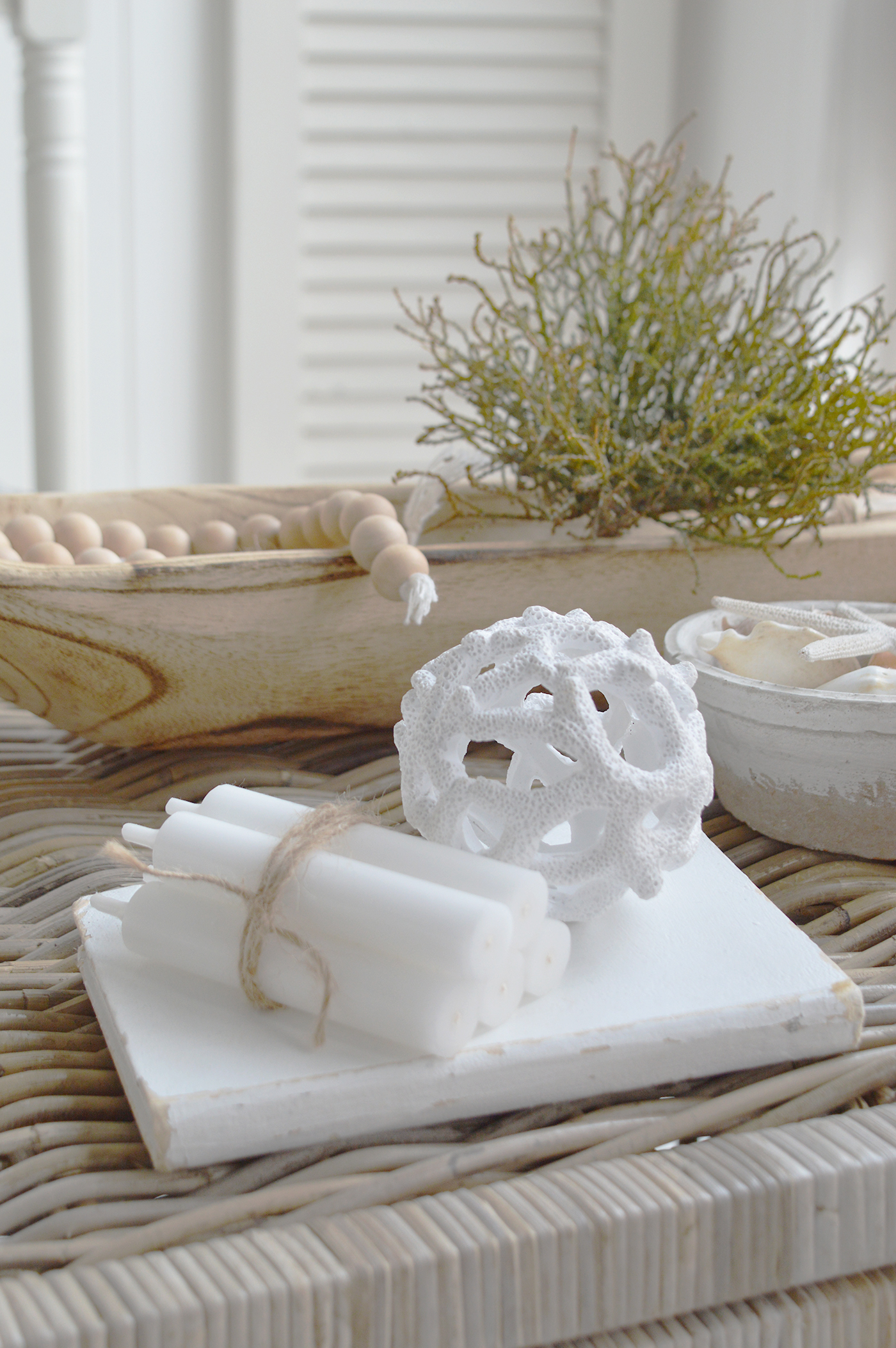 Faux white coral ball for styling coffee table sin Hamptons coastal beach homes