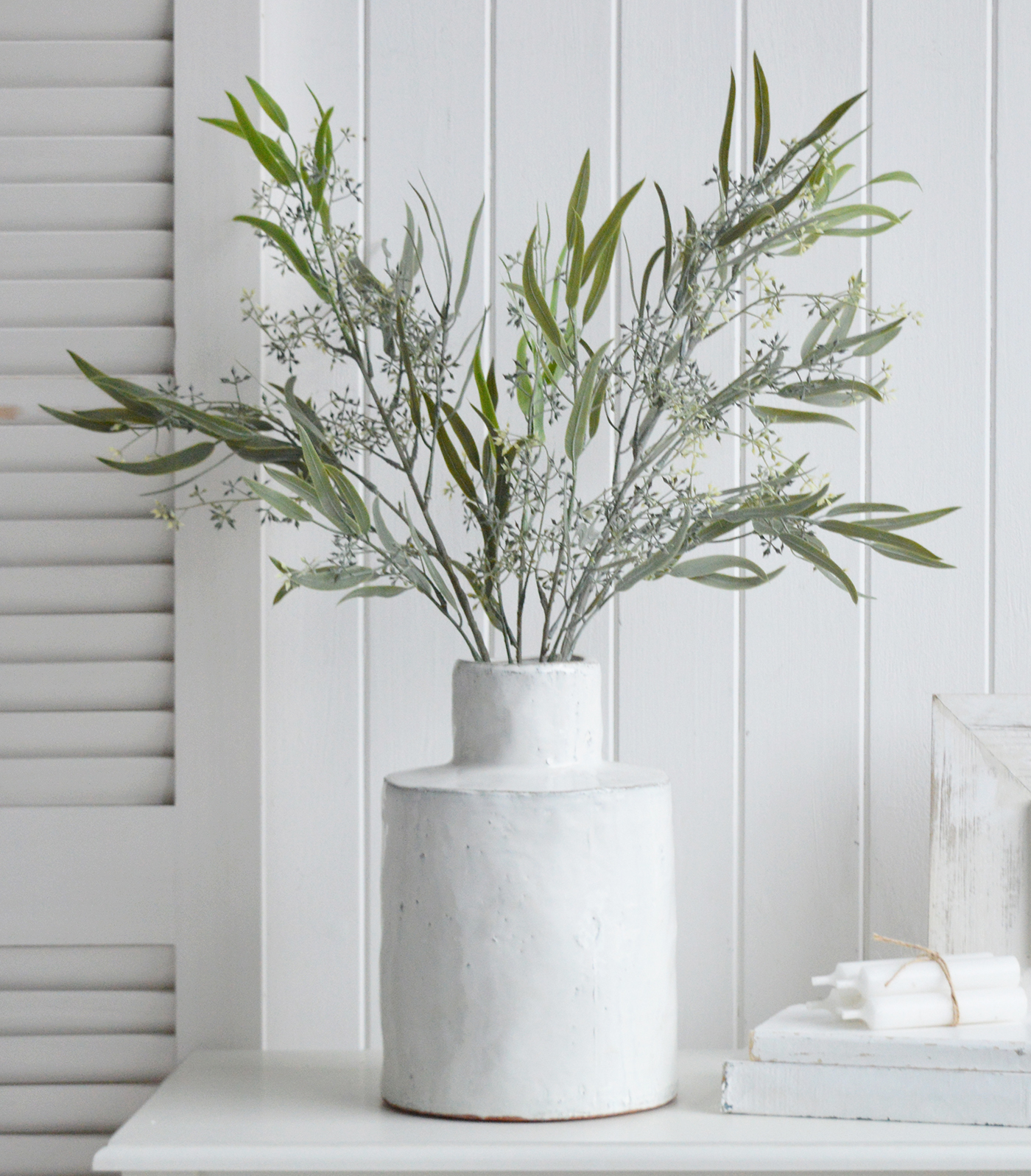 Seeded Eucalyptus Spray in white ceramic Betone Vase for a peaceful calming arrangement