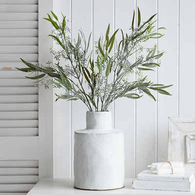 Seeded Eucalyptus Spray in white ceramic Betone Vase for a peaceful calming arrangement in a pure white interior