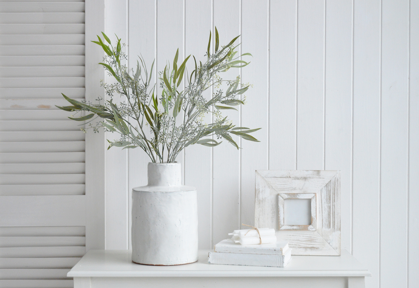 Seeded Eucalyptus Spray in white ceramic Betone Vase for a peaceful calming arrangement in a pure white interior