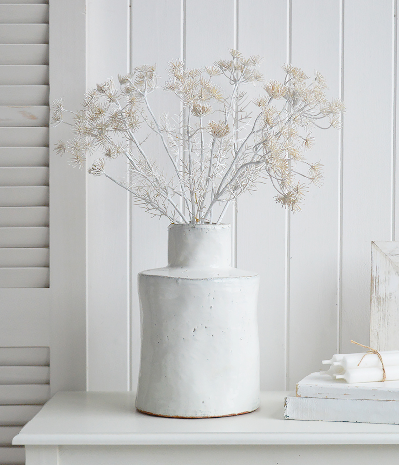 White foilage of Queen Annes lace to style a peaceful and calming white home, ideal for timeless New England interiors for both coastal and farmhouse homes