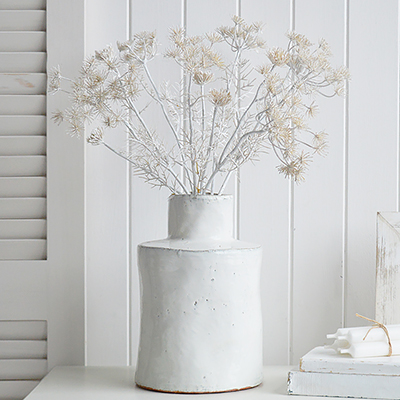 White foilage of Queen Annes lace to style a peaceful and calming white home, ideal for timeless New England interiors for both coastal and farmhouse homes