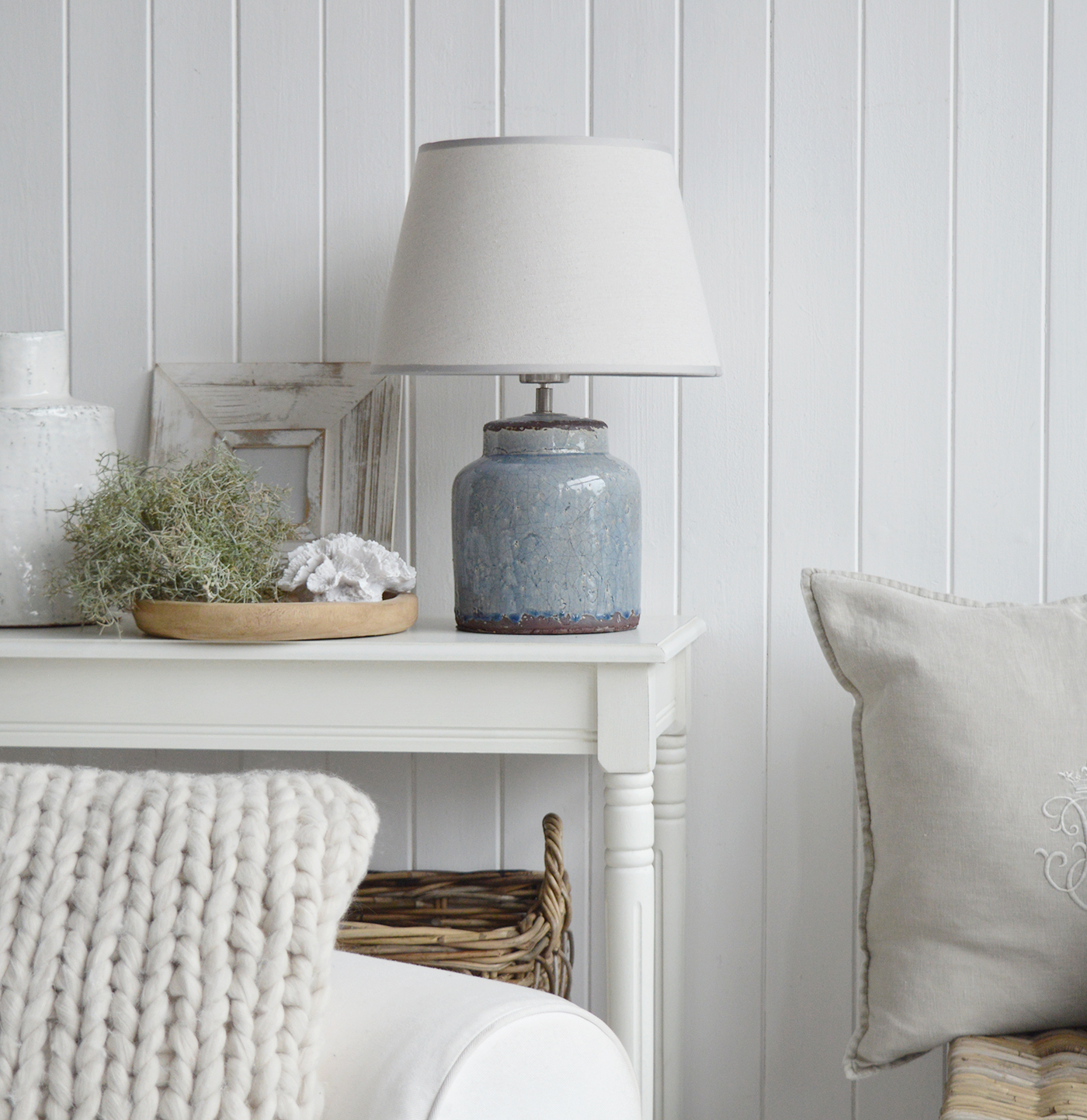 The Blue Compton ceramic lamp , perfectly suited in a coastal or beach house home interior