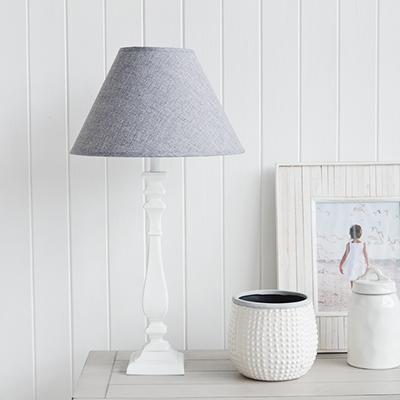 Ludlow white wooden Lamp from The White Lighthouse Furniture. A lovely table lamp for bedside table or living room or bedroom furniture. New England style table lamps for country, coastal, city and farmhouse styled homes