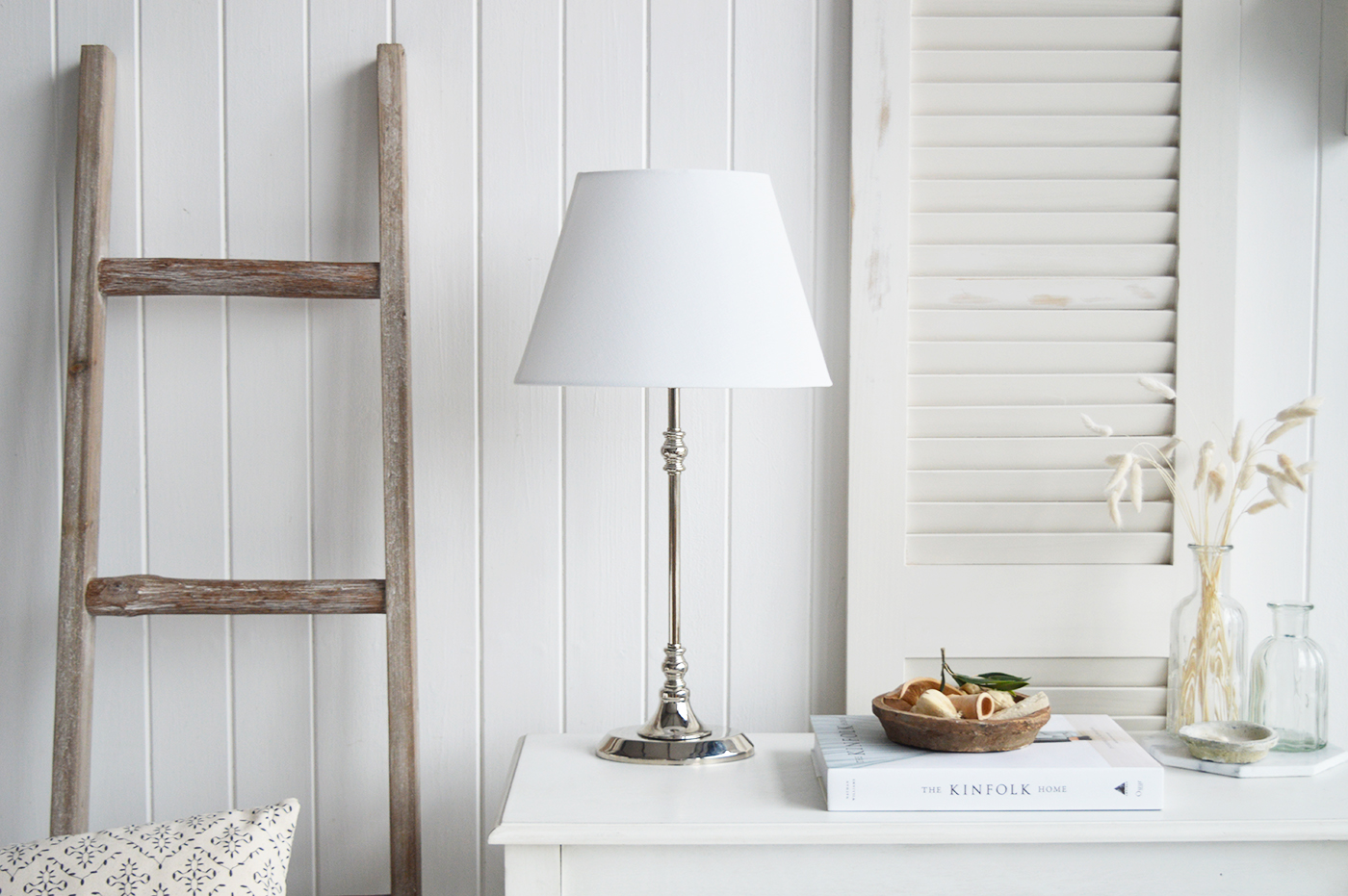 Lyon Silver and White Oval Lamp  from The White Lighthouse Furniture. A lovely table lamp for bedside table or living room or bedroom furniture. New England style table lamps