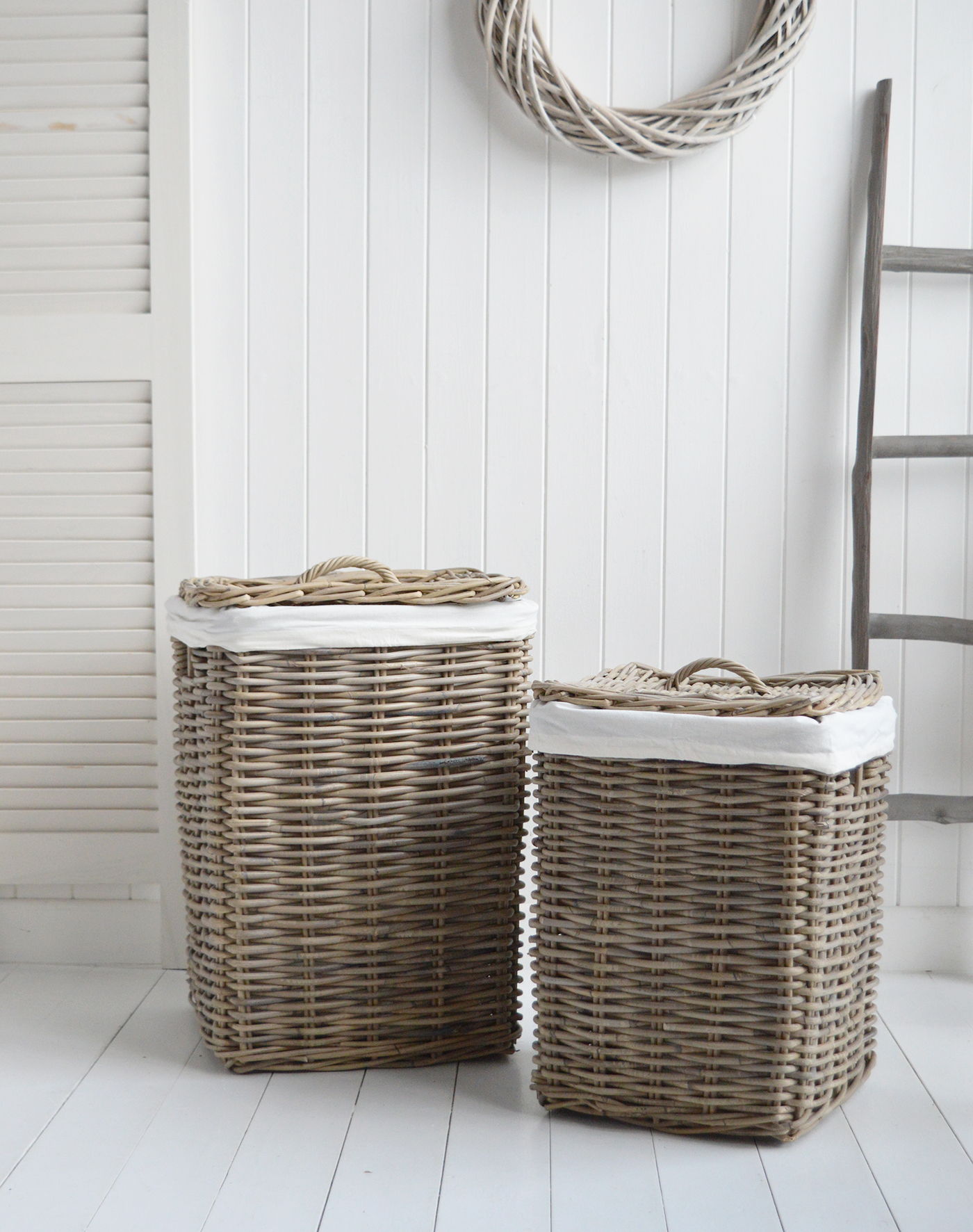 Grey Rattan square laundry basket with removeable linings for coastal bathrooms