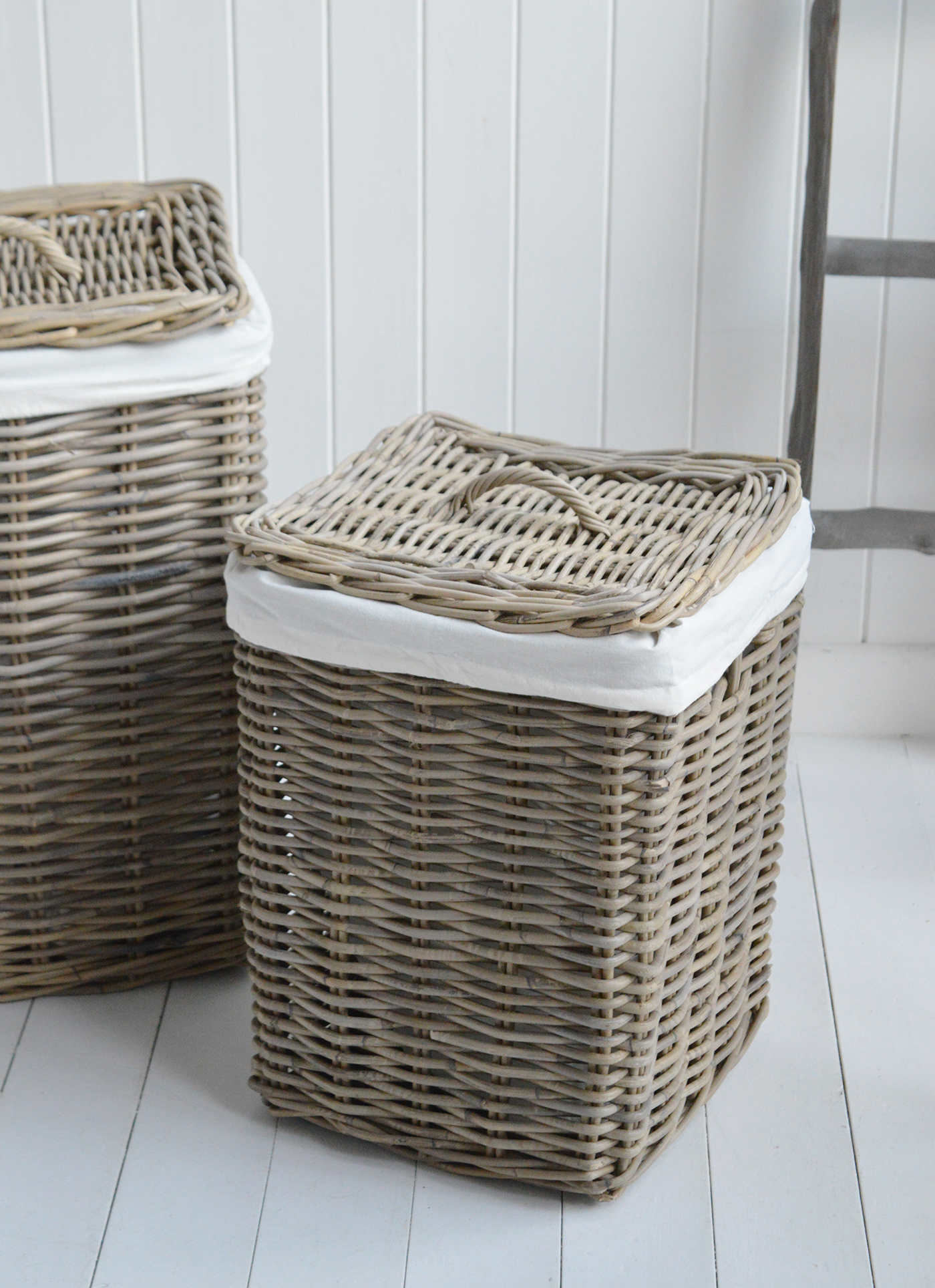  The Casco Bay grey rattan laundry basket in 2 sizes for coastal bathroom interiors