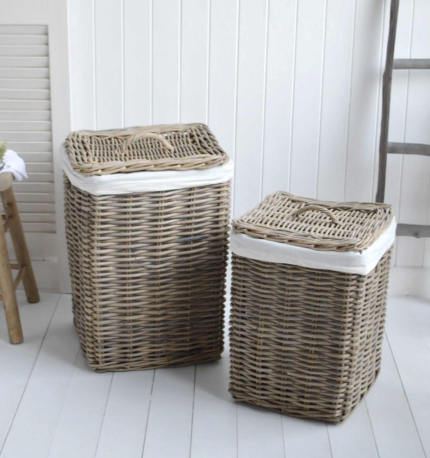 Casco Bay grey willow laundry basket with lid and removeable linings for in a New England style coastal or farmhouse bathroom or bedroom