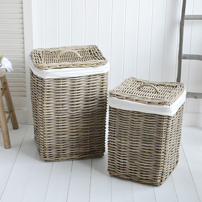 Casco Bay grey willow laundry basket with lid and removeable linings for in a New England style coastal or farmhouse bathroom or bedroom