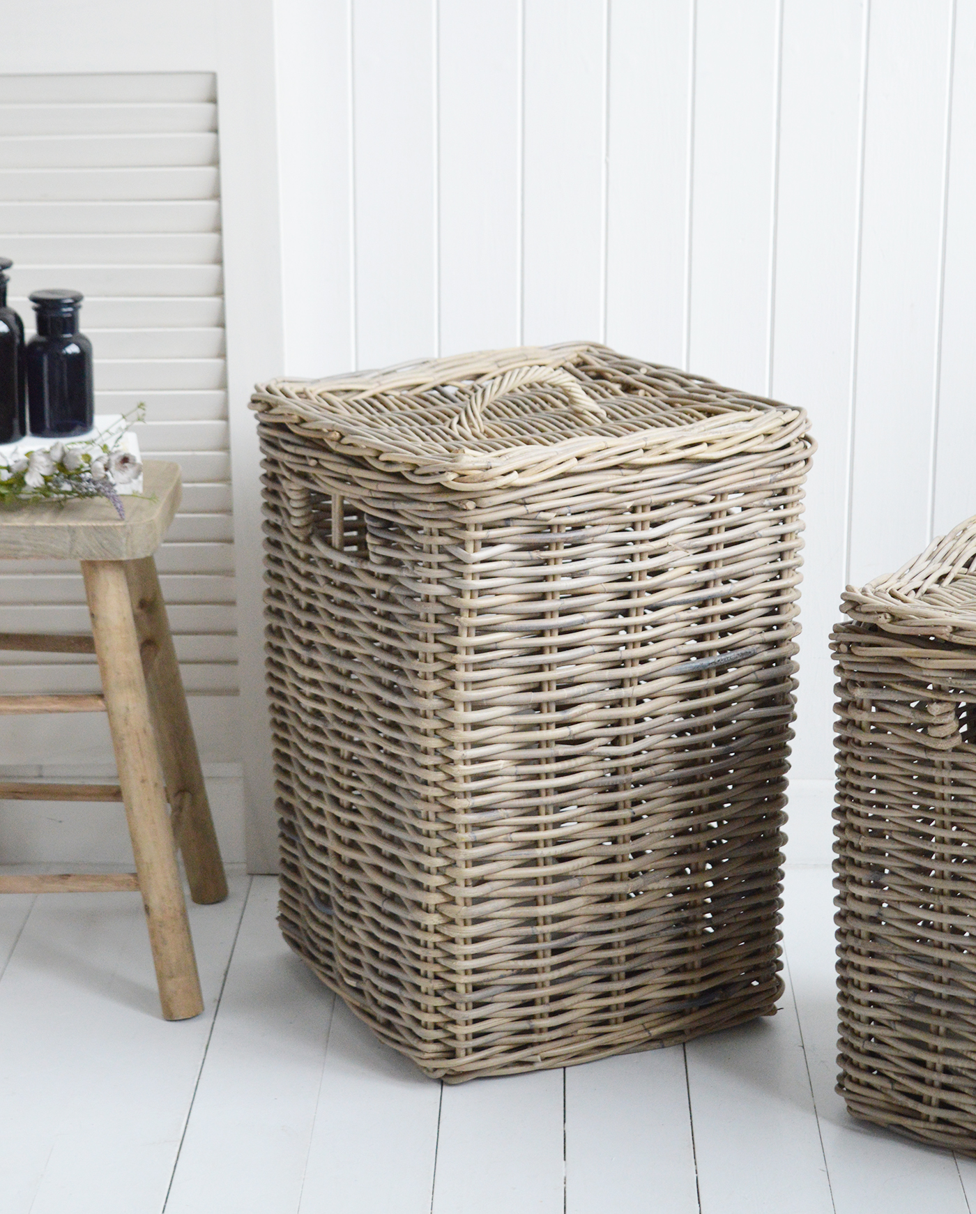 Casco Bay grey rattan laundry basket with lid and removeable linings for in a New England style coastal or farmhouse bathroom or bedroom