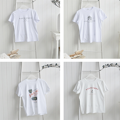 Soft white loungewear t-shirts inspired by New England coastal living, designed in breathable cotton with timeless Nantucket and sailing prints, bringing a relaxed, refined feel to everyday lifestyle dressing.