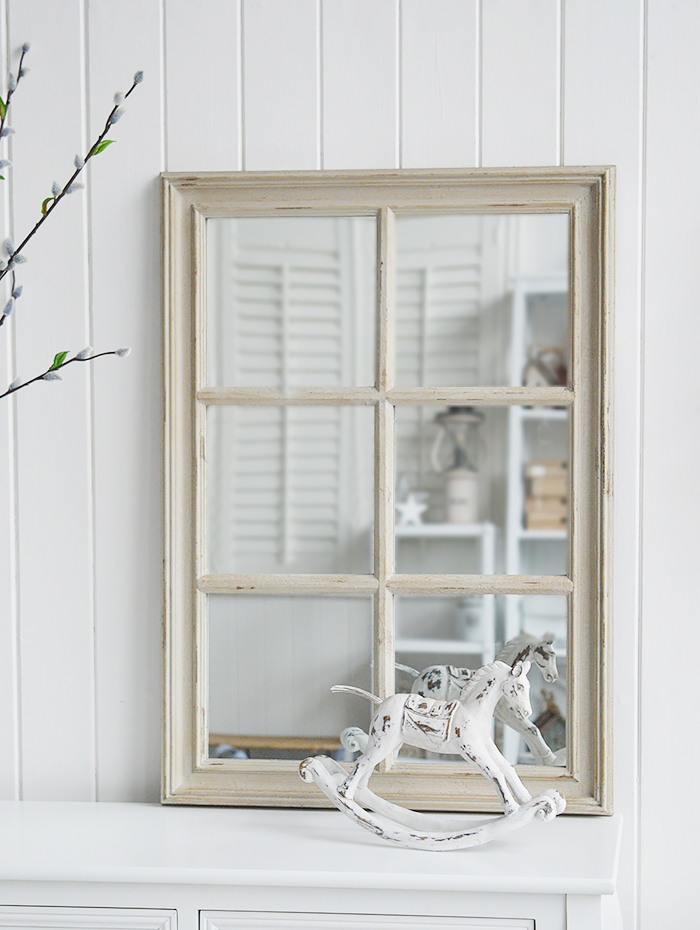 Cambridge grey Vintage window wall mirror from The White Lighthouse Furniture for the Hallway, living room, bedroom and bathroom for New England, country, coastal and city homes and interiors