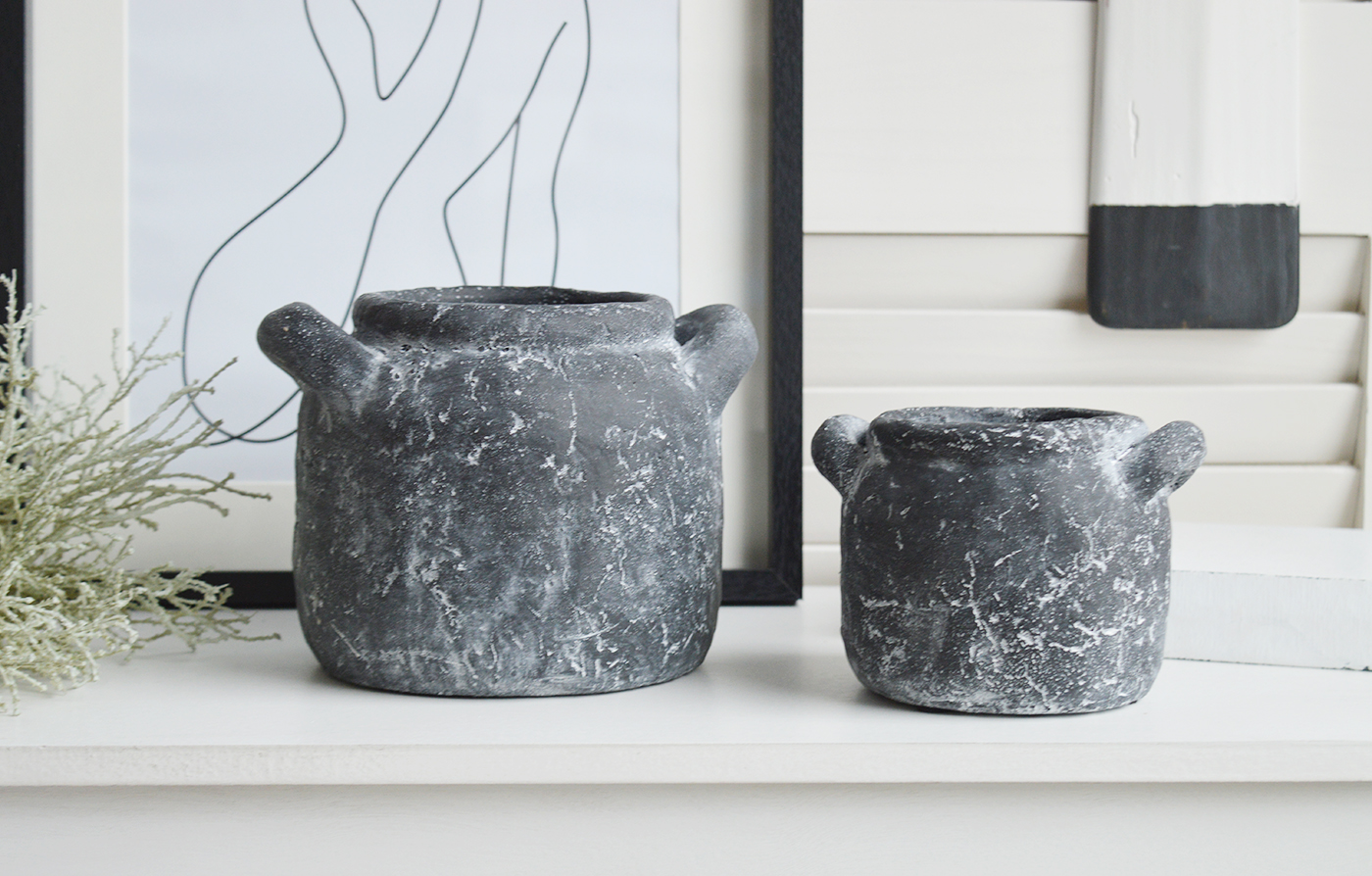 Newfane small stone pots, ideal for styling in New England styled homes for coastal, country and modern farmhouse interiors, complementing and contrasting the furniture
