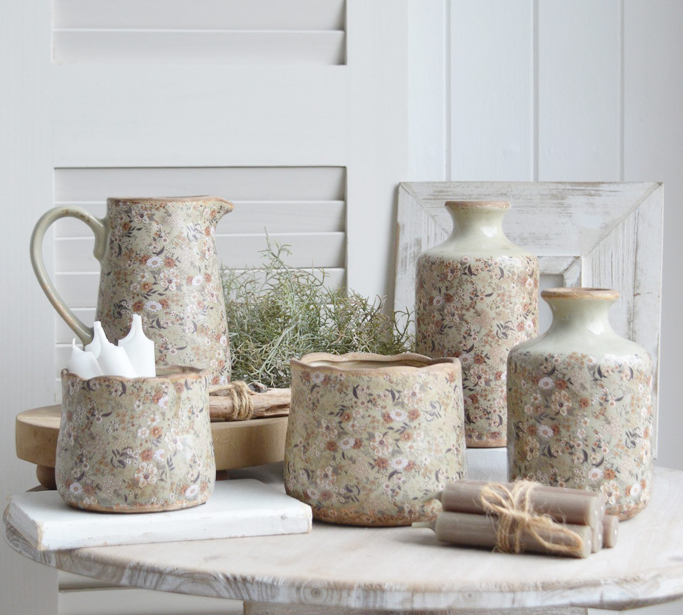 The pepperell ceramics in muted tones and olive green for styling New England coastal and farmhouse home interiors